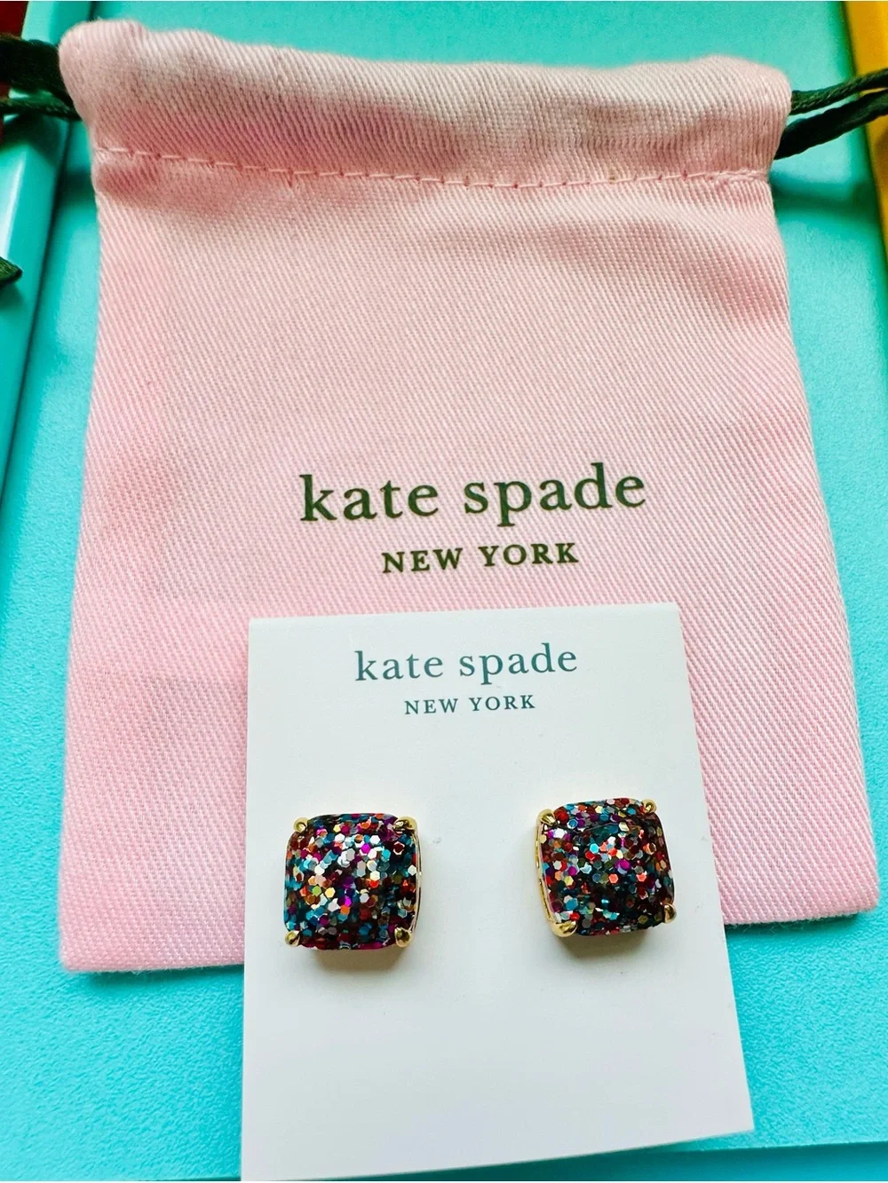 NEW Kate Spade Glitter Square Stud Earrings Pouch